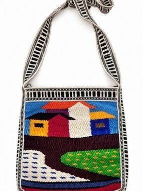 Colorful Woven Crossbody Bag – Embroidered Village Scene – Boho Style